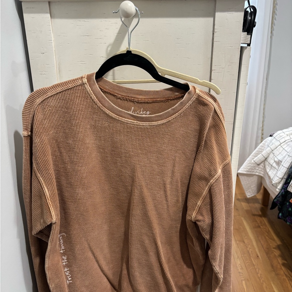 Brown Ribbed Long Sleeve Top